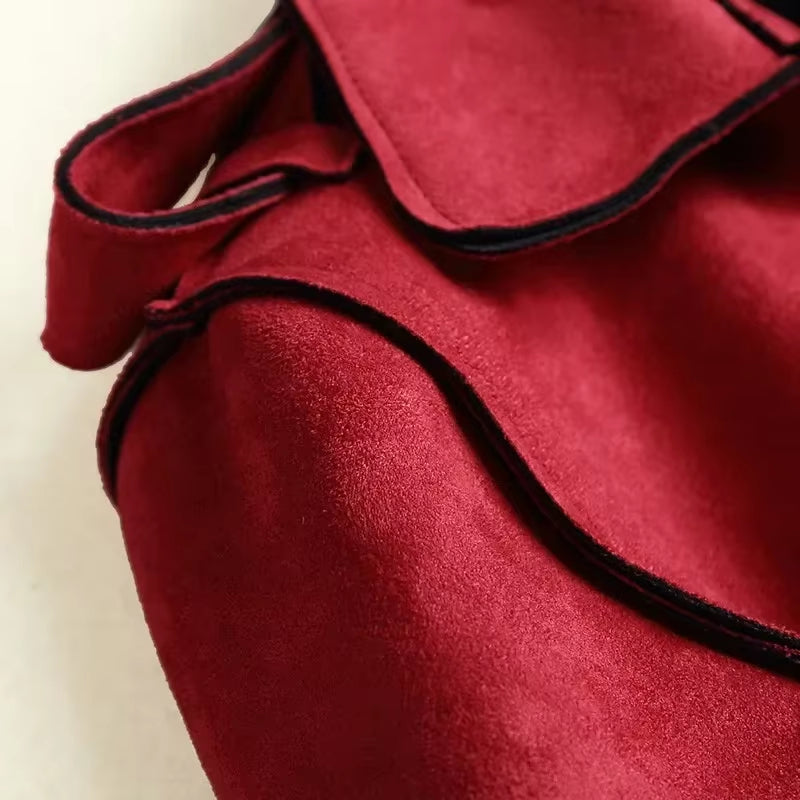 New Autumn Suede Trench Coat Women Abrigo Mujer Long Elegant Outwear Female Overcoat Slim Red Suede Cardigan Trench C3487