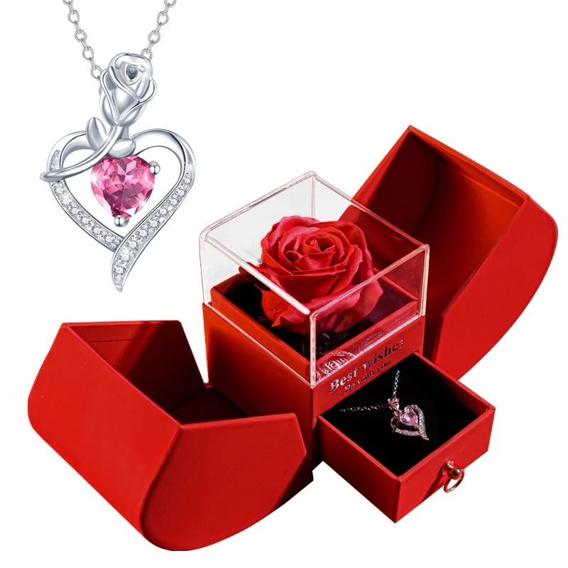 Gifts for Women Eternal Rose Box Heart Pendant Necklace Forever Flower Jewelry Case Wedding Mothers Day Jewelry Girlfriend Gift