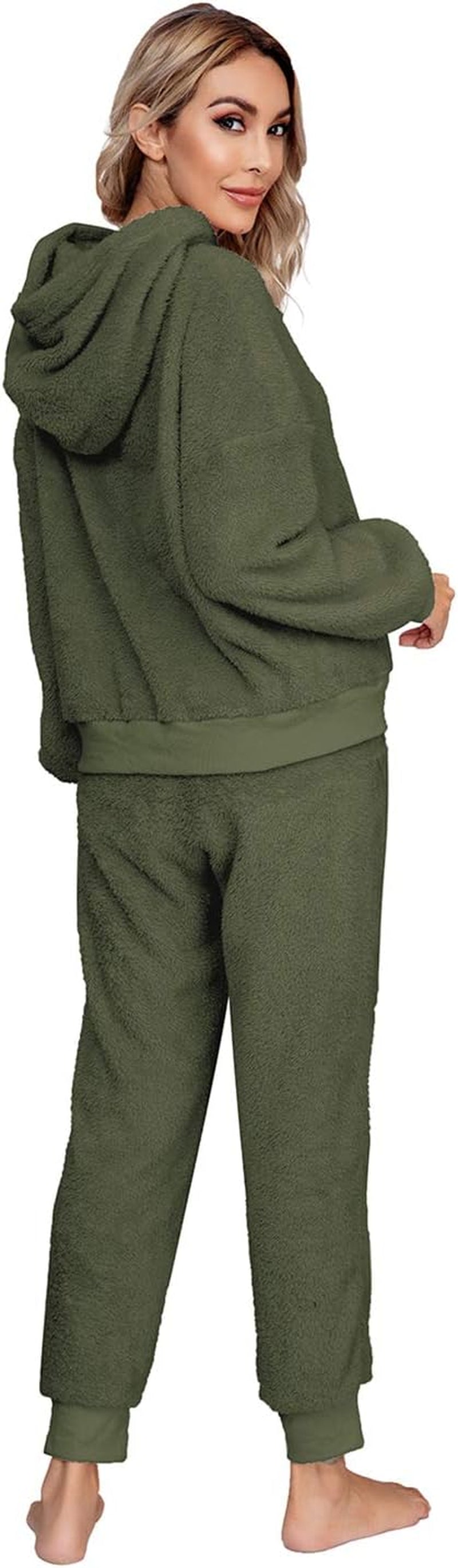 Womens Fuzzy Sherpa Fleece Pajamas Set, Long Sleeve Hoodies Pajama Pants 2 Piece Outfits Loungewear Sleepwear