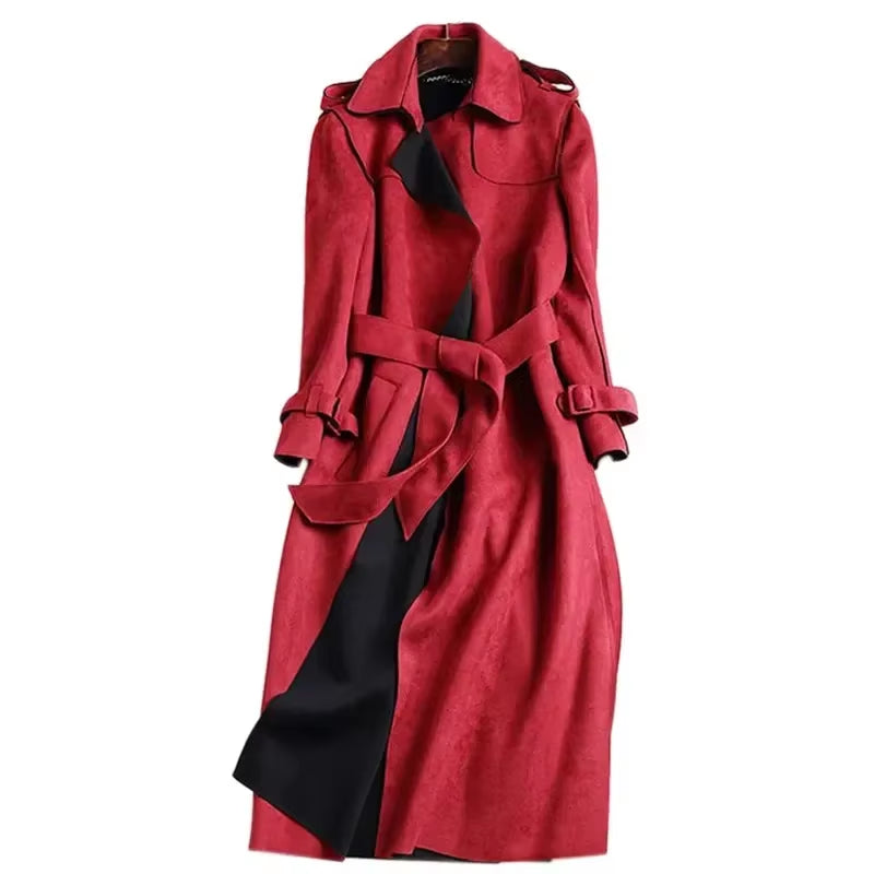 New Autumn Suede Trench Coat Women Abrigo Mujer Long Elegant Outwear Female Overcoat Slim Red Suede Cardigan Trench C3487