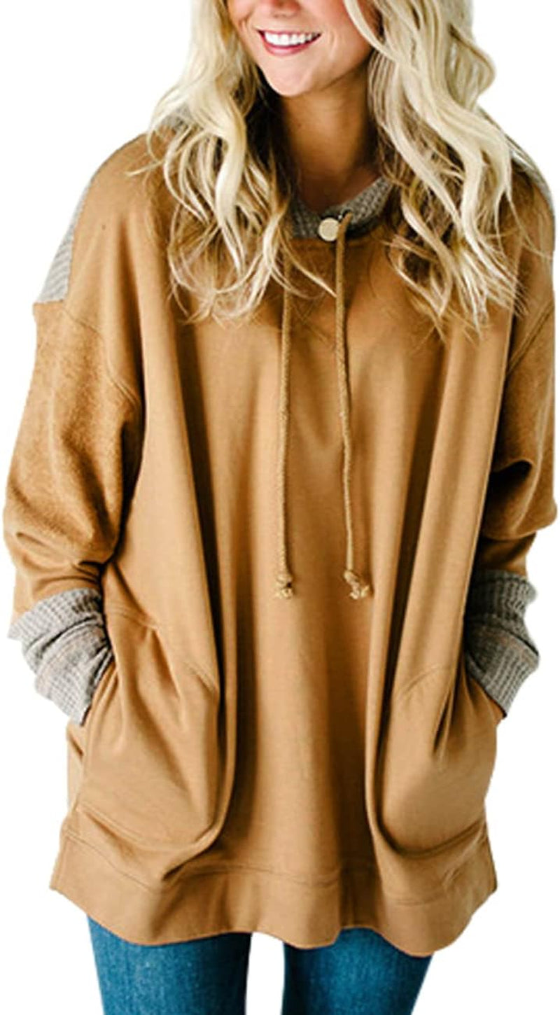 Women'S Waffle Knit Splice Strappy Long Sleeve Hoodies Sweatshirts with Pocket plus Size