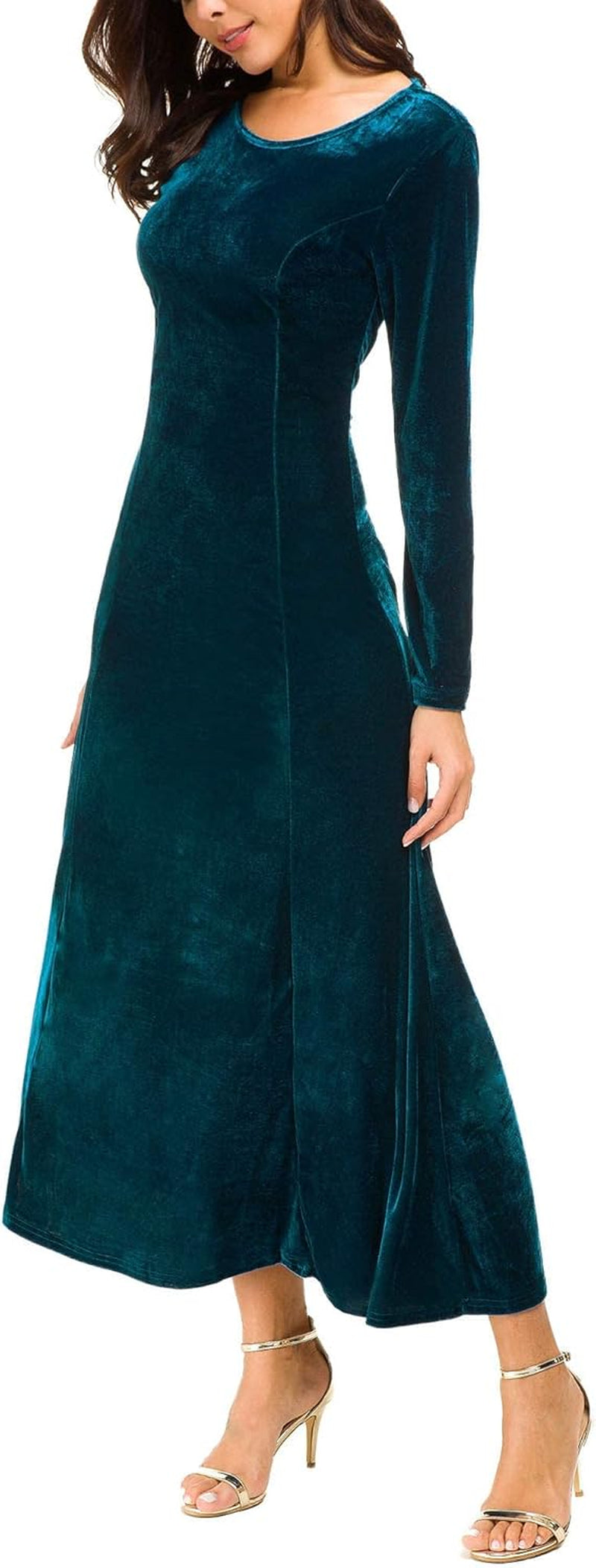 Women'S Elegant Long Sleeve Ruched Velvet Stretchy Long Dress