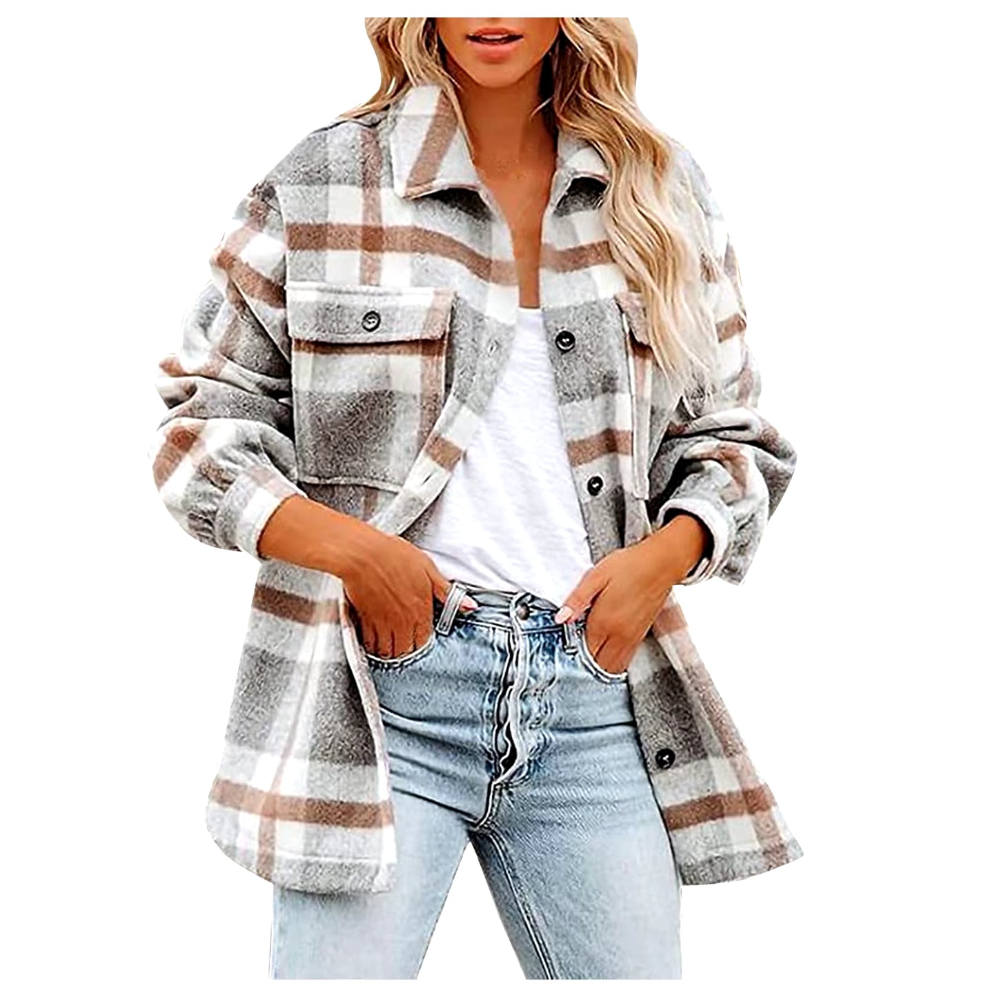 Women'S Vintage Brushed Plaid Shirts Long Sleeve Flannel Lapel Button down Pocketed Shacket Flannel Jacket Coats Winter L5