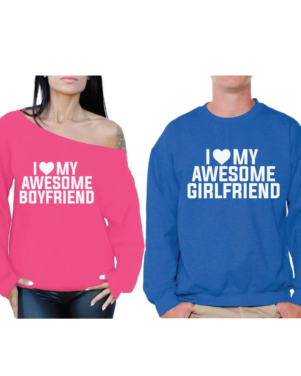 Couple Sweatshirts Girlfriend & Boyfriend Matching Couple Sweaters for Valentines Day I Love My Awesome Boyfriend off Shoulder Sweatshirt I Love My Awesome Girlfriend Sweater for Couple