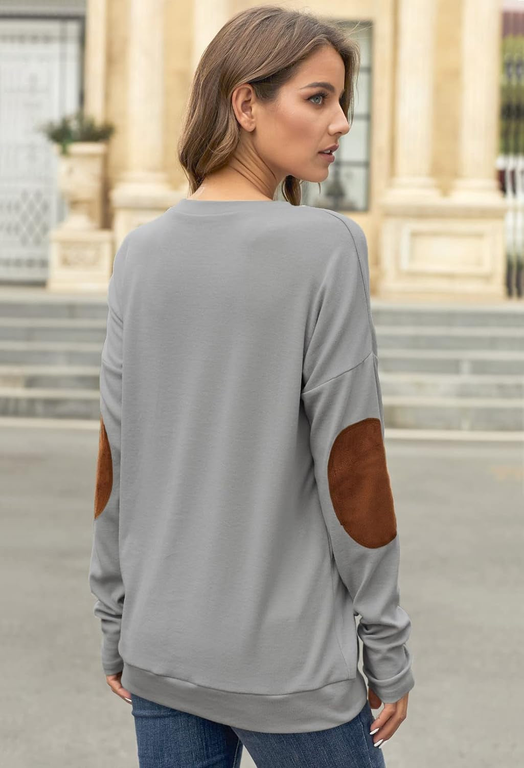 Womens Loose Crew Neck Batwing Sleeve Patches Blouse Top T-Shirts