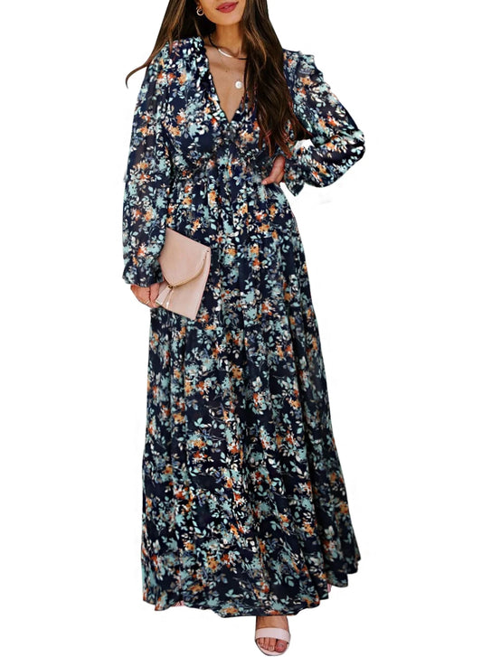 Women'S Apricot Floral Maxi Dresses Casual Deep V Neck Long Sleeve Evening Dress Cocktail Party Dress for Women, US 4-6(S)