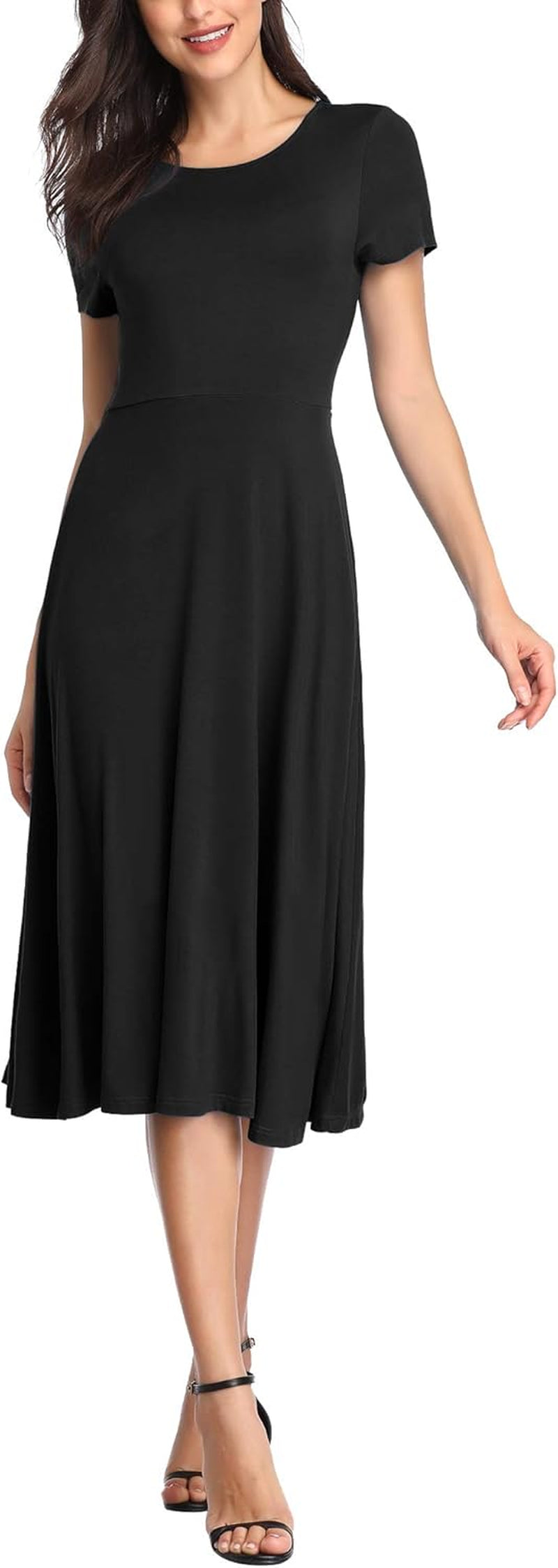 Women'S Short Sleeve Waisted Slim Fit Midi Dress