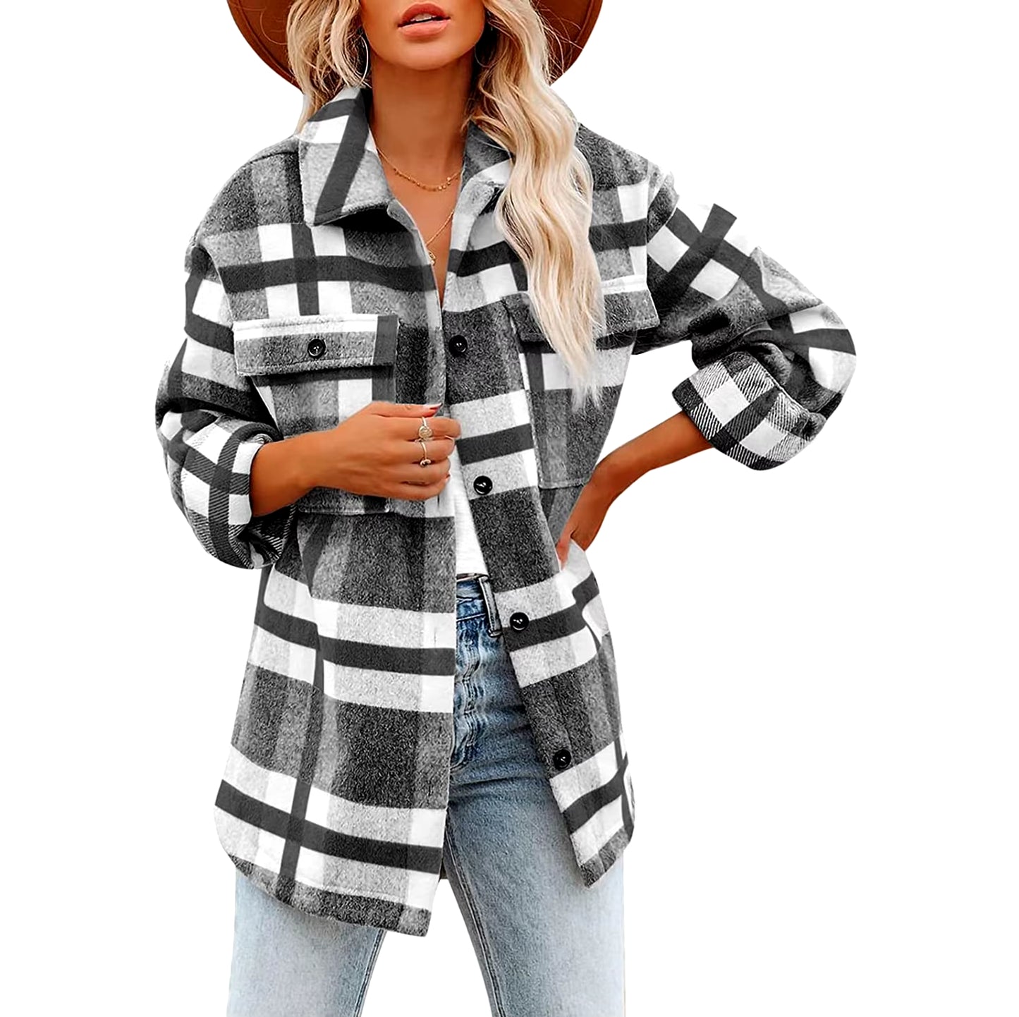 Women'S Vintage Brushed Plaid Shirts Long Sleeve Flannel Lapel Button down Pocketed Shacket Flannel Jacket Coats Winter L5