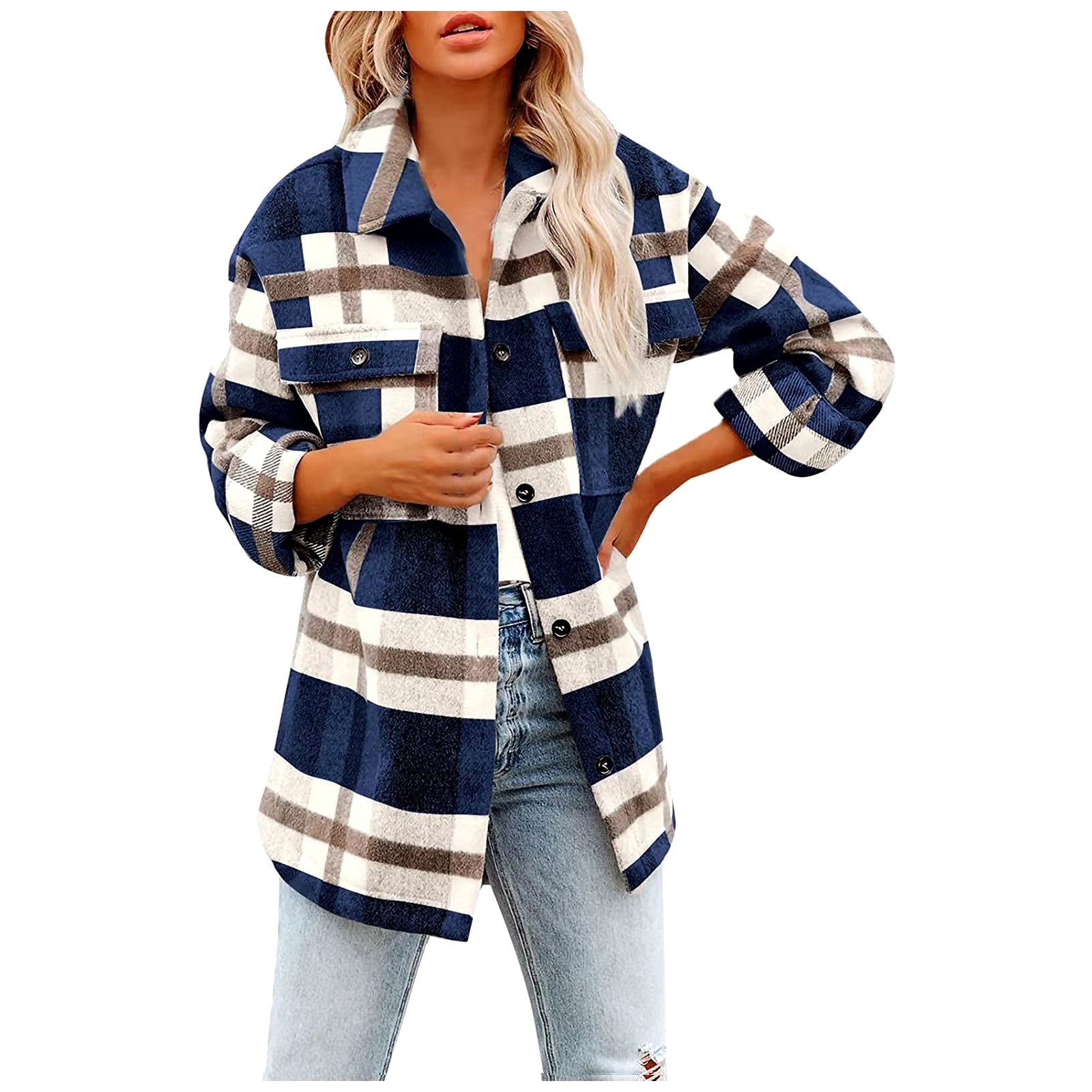 Women'S Vintage Brushed Plaid Shirts Long Sleeve Flannel Lapel Button down Pocketed Shacket Flannel Jacket Coats Winter L5