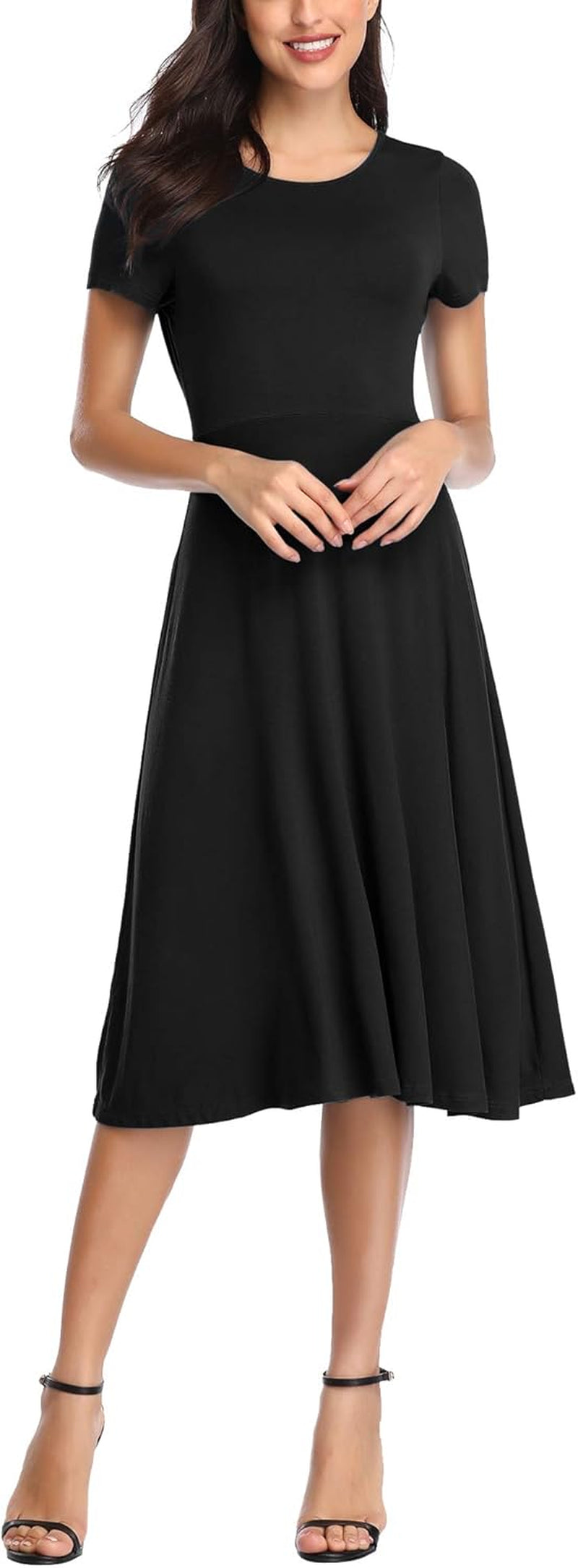 Women'S Short Sleeve Waisted Slim Fit Midi Dress