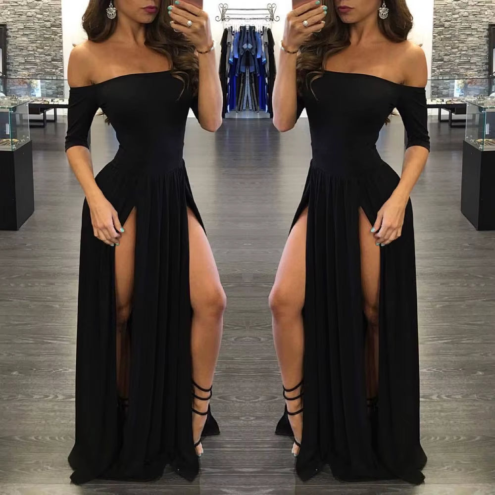 Women Sexy Slash Neck Maxi Dress Solid Color High Slit Formal Party Dress Fashion Slim Summer Dress Vestido De Mulher