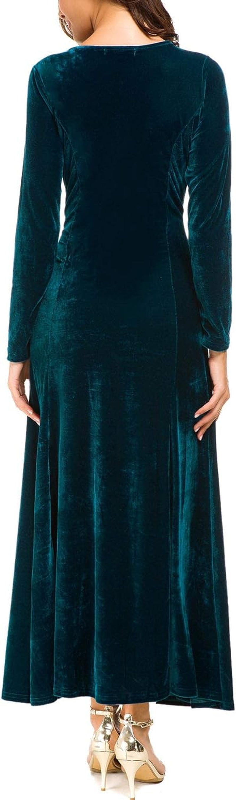 Women'S Elegant Long Sleeve Ruched Velvet Stretchy Long Dress