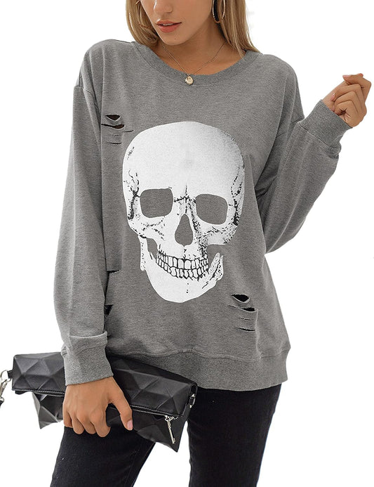 Women'S Crewneck Sweatshirt Skull Graphic T Shirts Long Sleeve Top Pullover Oversized Sweaters